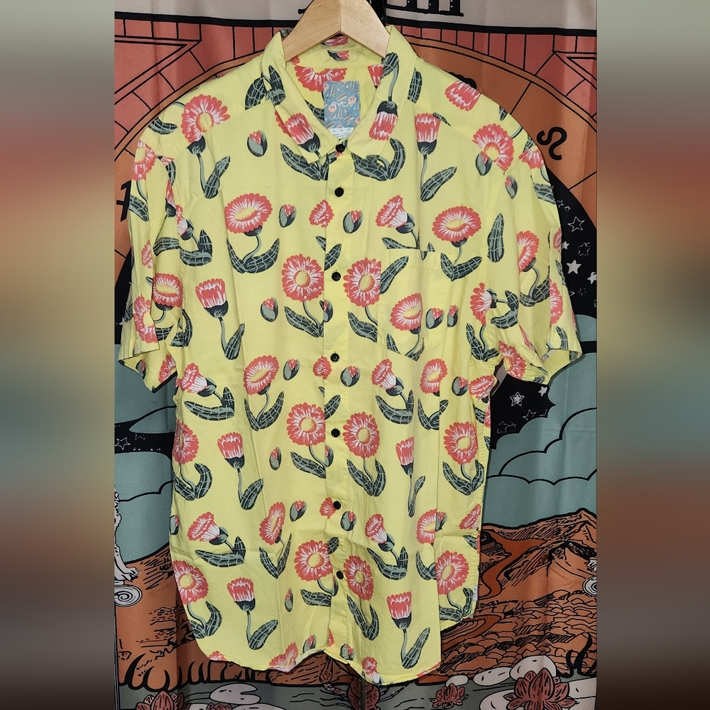 RVCA Luke Pelletier Floral Yellow Button-Up Shirt Mens XL/TG